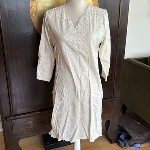 Large FabIndia medium length kurta top in natural beige.